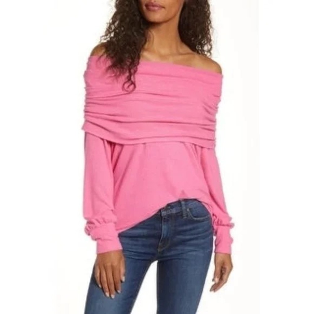 Gibson Pink Cowl Neck Long Sleeve Pullover Off the Shoulder Sweater Women Medium